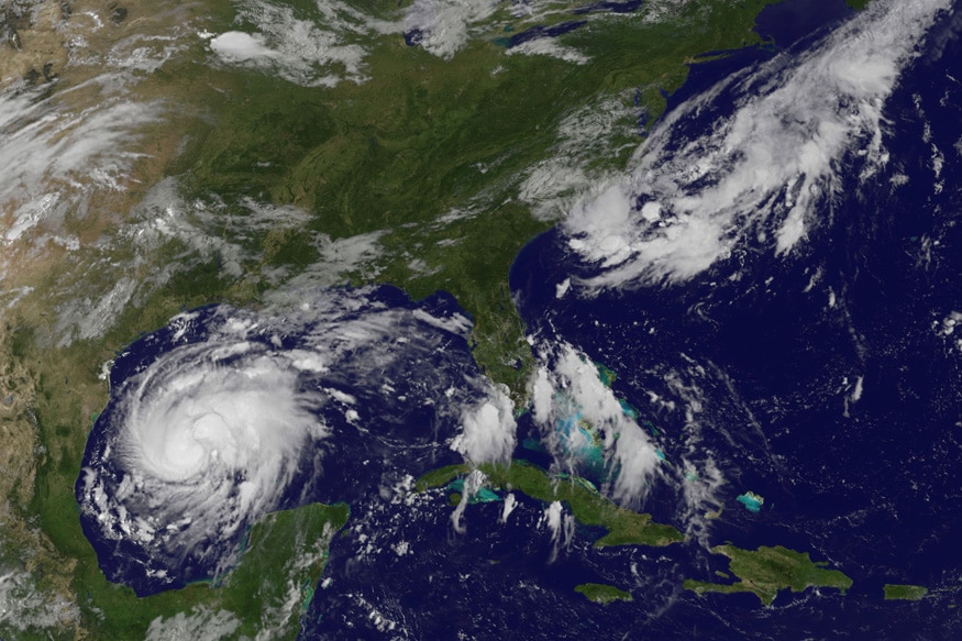 Tropical Storm Harvey is seen approaching the the Texas Gulf Coast in this NOAA GOES East satellite image
