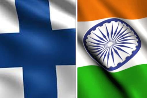 The flags of  Finland and India.