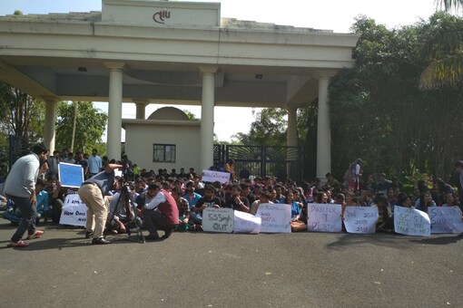 NLIU students protest outside the college campus on Saturday. (Photo: Twitter)