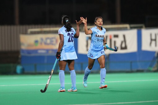 Sushila Chanu celebrates after scoring a goal. (Hockey India Image)