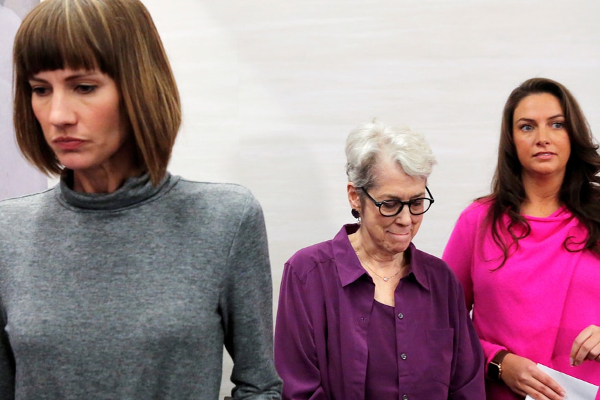 Rachel Crooks, Jessica Leeds and Samantha Holvey speak at news conference for the film "16 Women and Donald Trump" in Manhattan, New York.