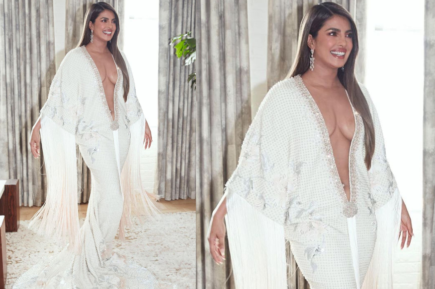 priyanka chopra deep v neck dress Priyanka Chopra Proves Peplum Can Be Glamorous in Two Major Gowns