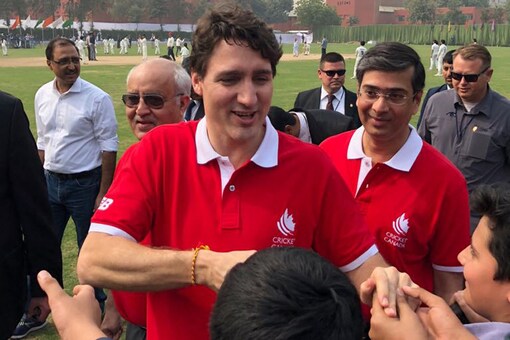 Prime Minister Justin Trudeau at the cricket school event in Delhi.
