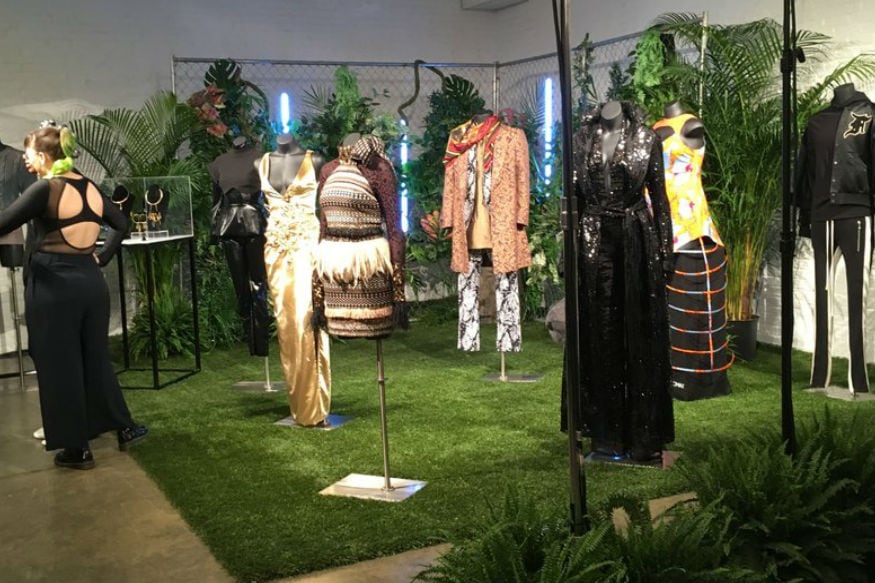 Fashion from a small collection inspired by the upcoming superhero film “Black Panther,” are displayed in New York. The designs were created by the brands Chromat, Cushnie et Ochs, Fear of God, LaQuan Smith, Ikire Jones, Sophie Theallet and TOME, with capsule collections by jewelry designer Douriean Fletcher and shoe designer Aurora James of Brother Vellies. (AP Photo/Leanne Italie)