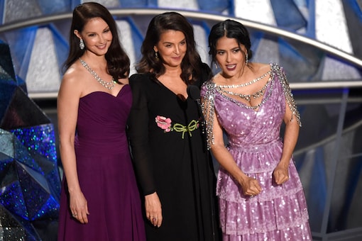 Ashley Judd, Annabella Sciorra and Salma Hayek speak at the 90th Academy Awards held at the Dolby Theatre in Los Angeles. (Image: AP)