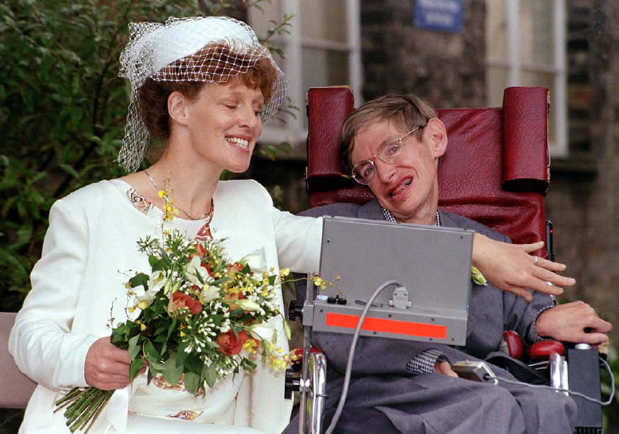 10. 4. Elaine Mason and Stephen Hawking show their wedding ring after the c...