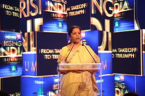Defence minister Nirmala Sitaraman speaks during a Q&A session at News18 Rising India summit on Saturday. (Photo: News18)