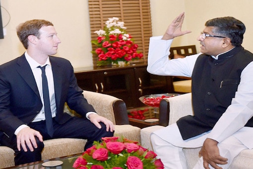 File photo of law minister Ravi Shankar Prasad interacting with Facebook CEO Mark Zuckerberg during his visit to New Delhi. (PTI photo)