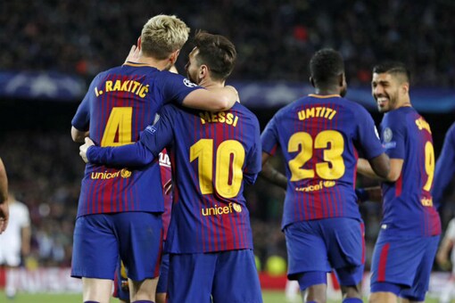 Barcelona players celebrate against AS Roma (Image: Barcelona/Twitter)