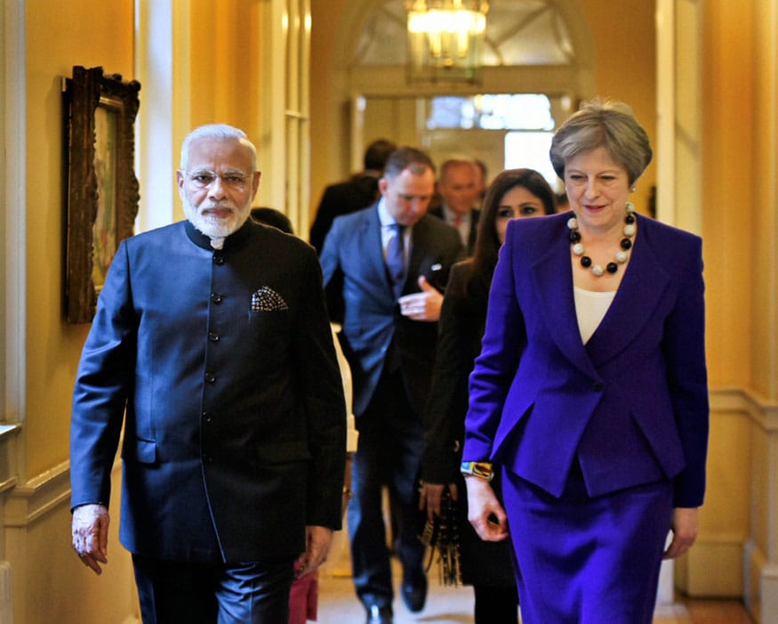 Prime Minister Narendra Modi with British Prime Minister Theresa May, at 10 Downing Street, in London. (Image: PTI)