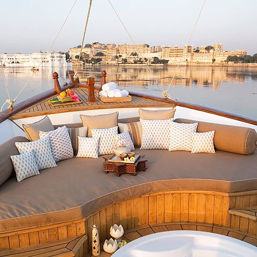 Jiva Spa Boat at Lake Pichola - The Taj Palace in Udaipur offers a unique spa experience via their ‘Jiva Spa Boat’ that offers professional spa treatments by adept professionals while floating in the water or enjoying the view of the vast Lake and just chillin’ on the deck. (Image: Instagram)