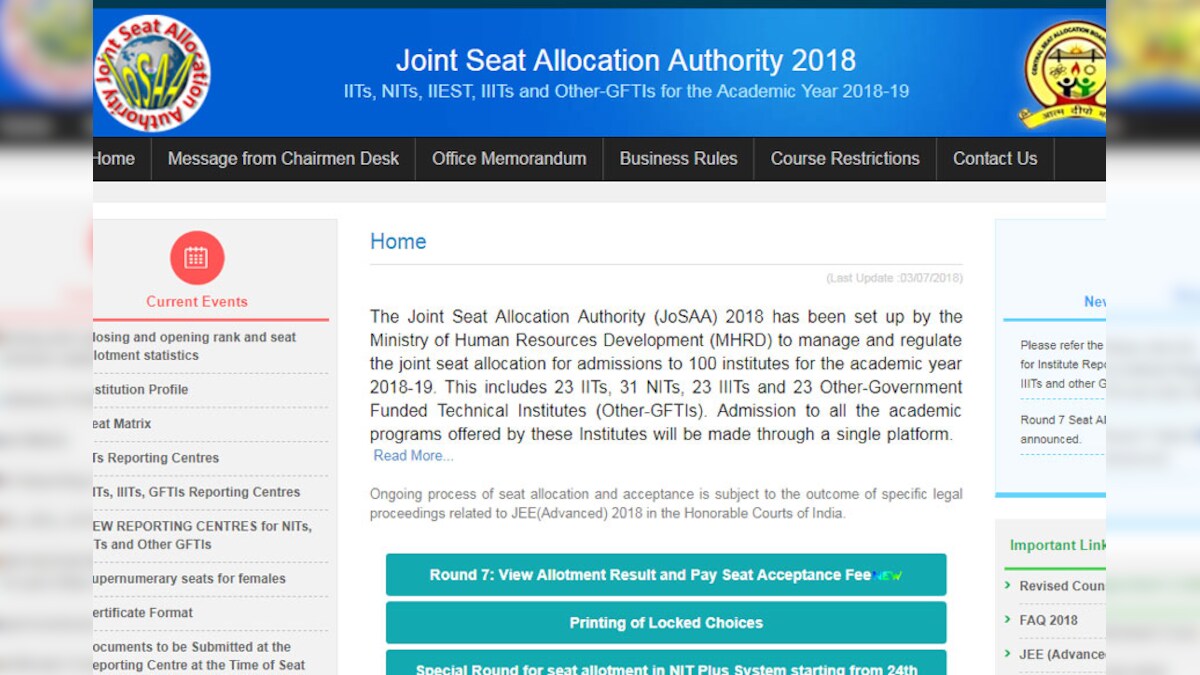 Josaa 2018 7th Round Seat Allotment Result Out At Josaa Nic In Iit Seat Acceptance Till 5pm Today