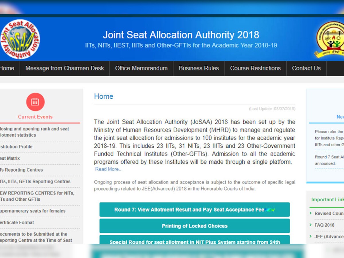 Josaa 2018 7th Round Seat Allotment Result Out At Josaa Nic In Iit Seat Acceptance Till 5pm Today
