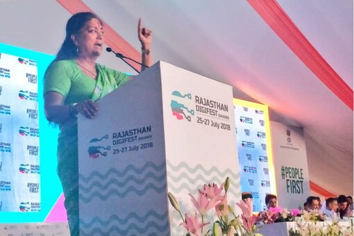 Seen here is Rajasthan CM Vasundhara Raje at Rajasthan Digifest on July 27, 2018.