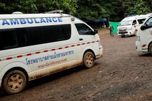 Ambulances are seen outside the Tham Luang cave complex after Thailand's government instructed members of the media to move out urgently, in the northern province of Chiang Rai,Thailand, July 8, 2018. REUTERS/Tyrone Siu