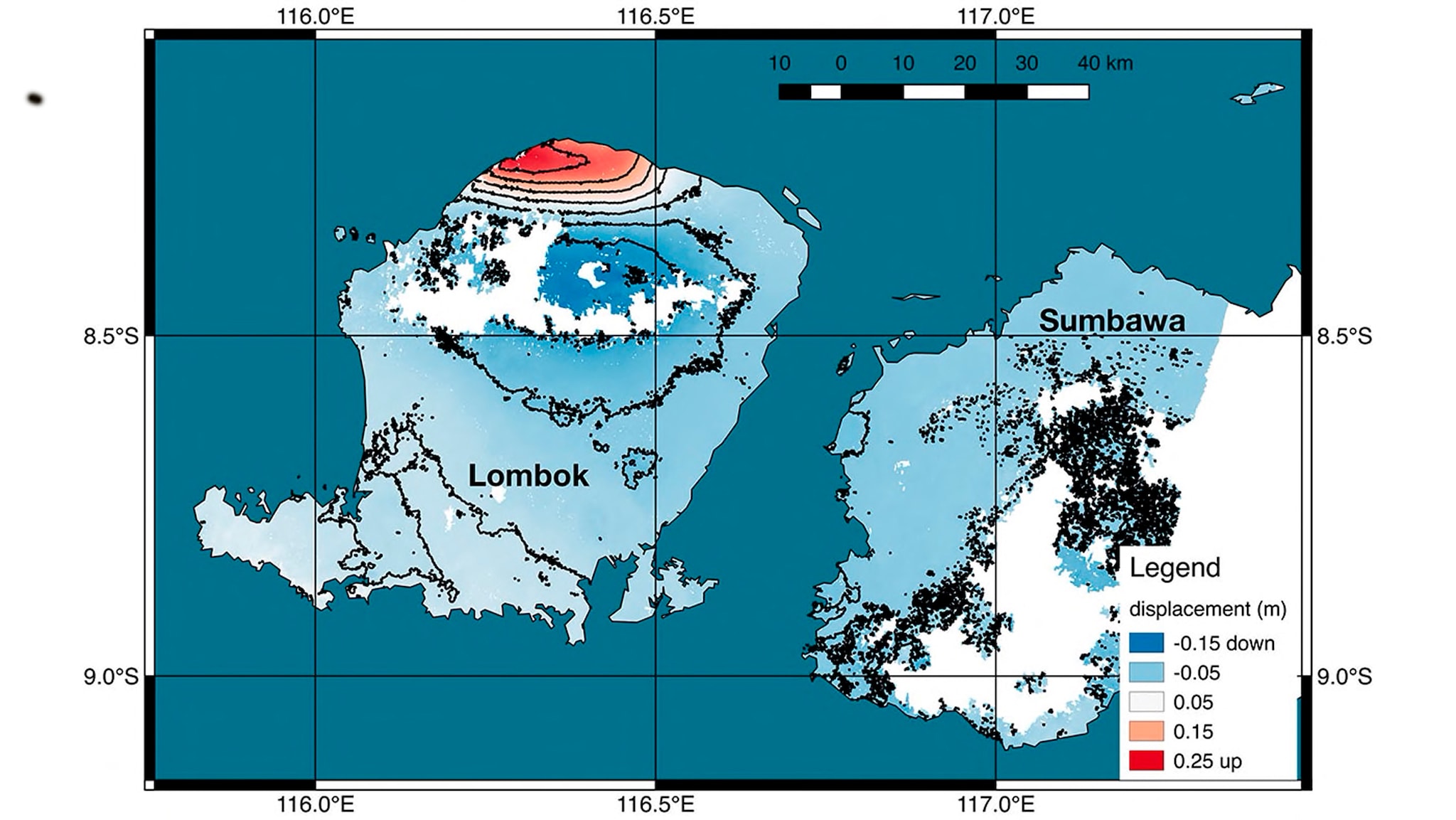 This graphic made available by NASA shows a map of new satellite data produced by scientists with NASA/Caltech's Advanced Rapid Imaging and Analysis project (ARIA) showing ground deformation on the resort island of Lombok, Indonesia following a deadly earthquake on Aug. 5, 2018. Scientists say the powerful Indonesian earthquake that killed more than 300 people lifted the island it struck by as much as 25 centimeters (10 inches). (NASA/JPL-Caltech/Copernicus/ESA via AP)