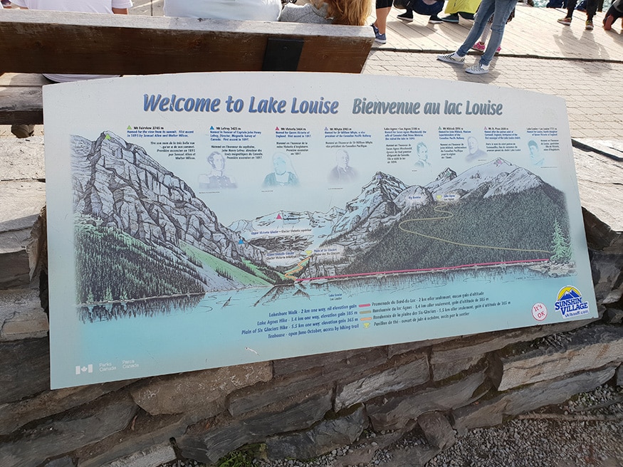 Info Stone at the Lake Louise displays a brief info about how the lake got his name and why it is called 'Lake Louise'. (Image: News18/Varun Sharma)