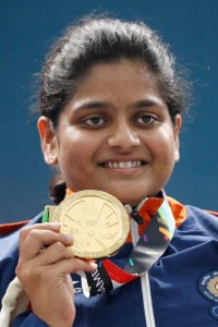India's Rahi Jeevan Sarnobat, display her medal during the awards ceremonies for the final round of the 25m pistol women's shooting event at the 18th Asian Games in Palembang, Indonesia. (Image: AP)