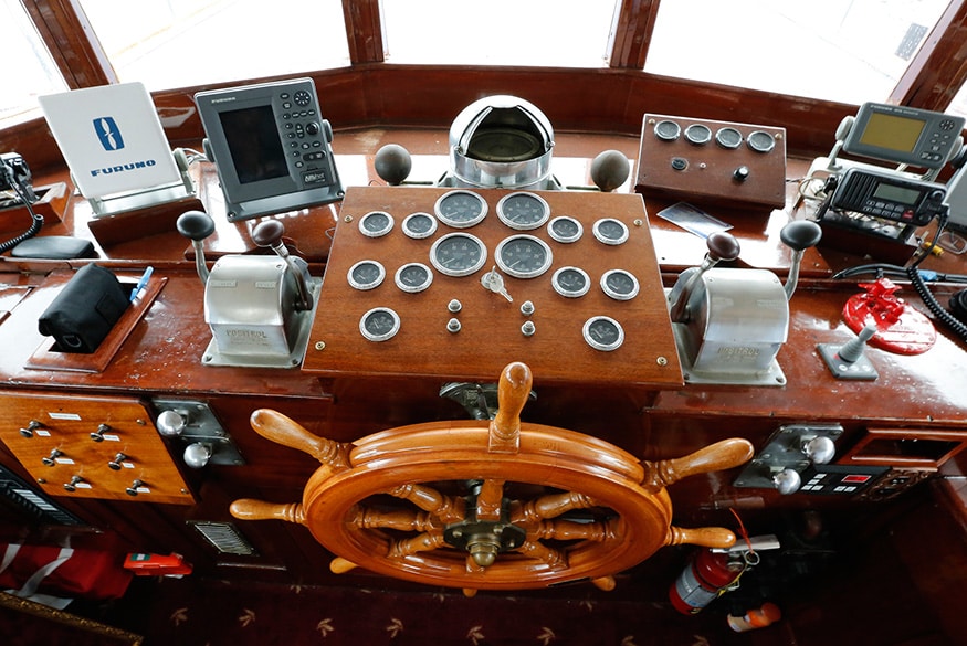 The bridge on the former presidential yacht, Honey Fitz, is shown as the vessel is docked in West Palm Beach, Florida. (Image: Reuters)