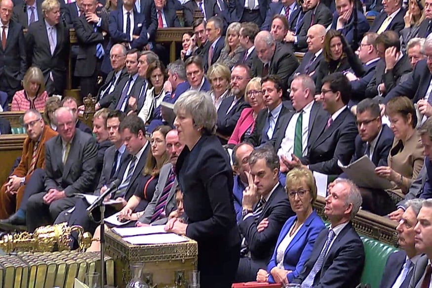 British Prime Minister Theresa May addresses Parliament ahead of the vote on May's Brexit deal, in London on January 15, 2019 in this screengrab. (Reuters)