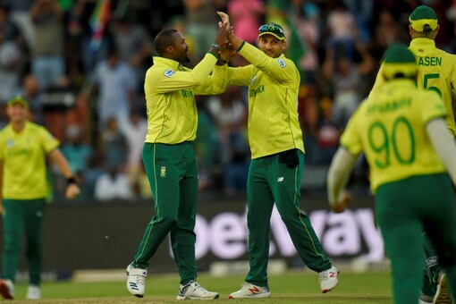 South African players celebrate after winning the match by 7 runs during the T20I cricket match between South Africa and Pakistan at Wanderers Stadium in Johannesburg, South Africa, Sunday, Feb. 3, 2019. (AP Photo/Christiaan Kotze)
