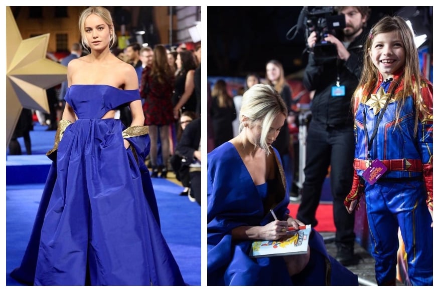 Brie Larson Looks Stunning in Blue, Meets Mini Captain Marvel at London ...