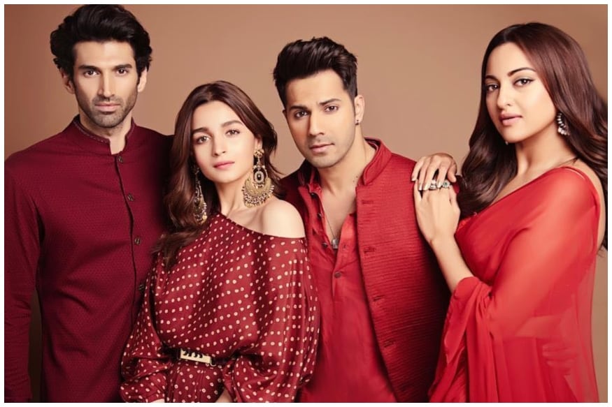 Image result for Star cast of Kalank looked royal in their all-red outfits for its promotion