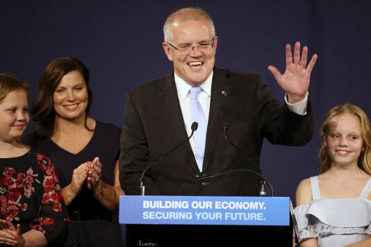 Australian Prime Minister Scott Morrison, addresses party supporters winning the elections.  (Image : AP)