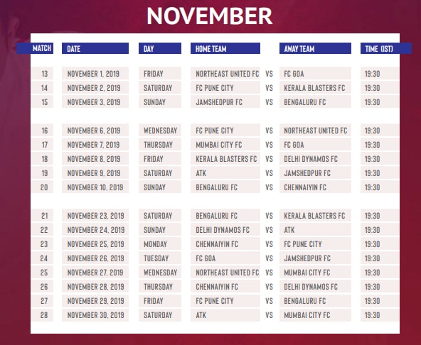 isl football fixture