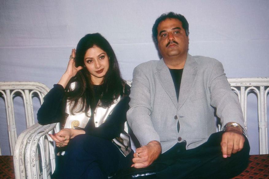 Film Director Boney kapoor sitting with his wife Sridevi. 