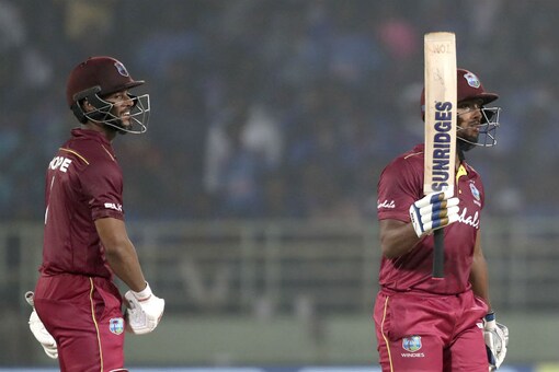 West Indies’ Nicholas Pooran celebrates his 50 (AP Photo)