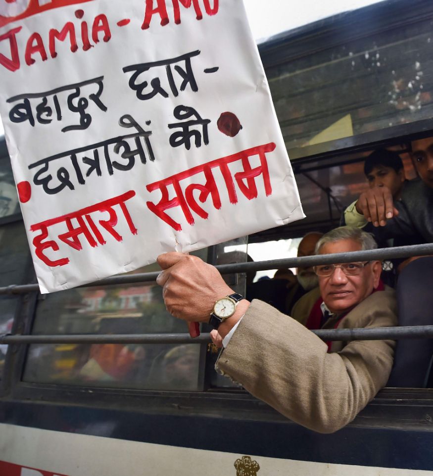 CPI (M) general secretary Sitaram Yechury is detained by police for defying prohibitory orders imposed in the area during an anti-Citizenship Act protest, at Mandi House, in New Delhi. (Image: PTI)