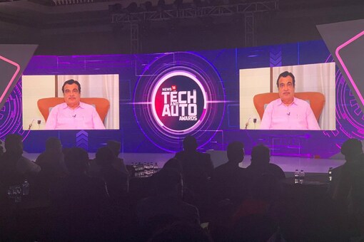 Union Minister Nitin Gadkari addresses guests through video message at News18 Tech and Auto awards