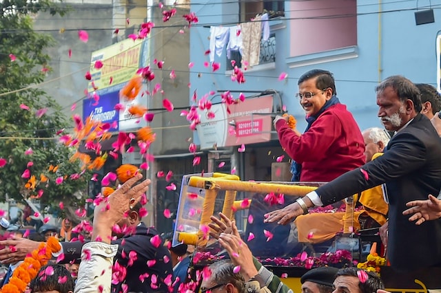 Delhi Chief Minister Arvind Kejriwal during an election campaign roadshow ahead of the forthcoming State Assembly elections, at Geeta Colony in New Delhi.  (File photo)