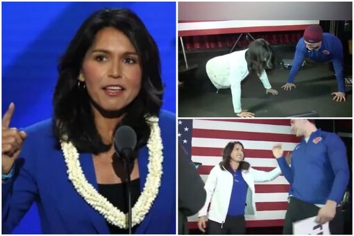 A man challenged Tulsi Gabbard to a Joe Biden style push up challenge and lost | Image credit: Twitter 