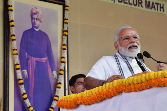 Prime Minister Narendra Modi at the Belur Math on Swami Vivekananda’s birth anniversary on Sunday. Prime Minister Narendra Modi at the Belur Math on Swami Vivekananda’s birth anniversary on Sunday.