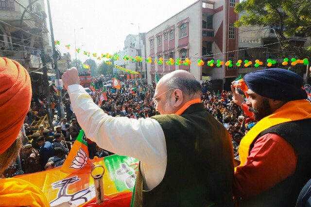 Union Home Minister Amit Shah at an election campaign meeting in Hari Nagar in New Delhi on Thursday. (PTI)