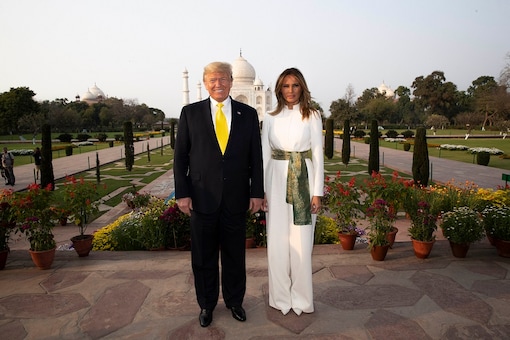President Donald Trump, with first lady Melania Trump, pause as they tour the Taj Mahal, Monday, February 24, 2020, in Agra, India. (Image: AP/PTI)