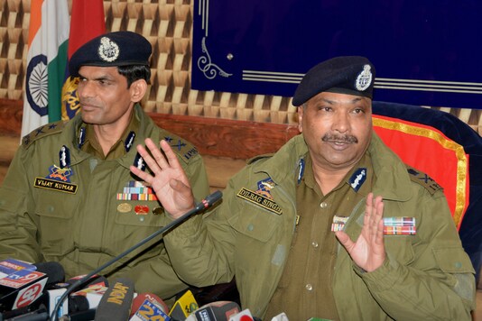 Srinagar: Director General of Jammu and Kashmir Police Dilbagh Singh (R) along with Inspector General of J&K Police Vijay Kumar addresses a press conference regarding the killing of top three Hizbul Mujahideen Commanders in Tral encounter, in Srinagar, Wednesday, Feb. 19, 2020. (PTI Photo) 