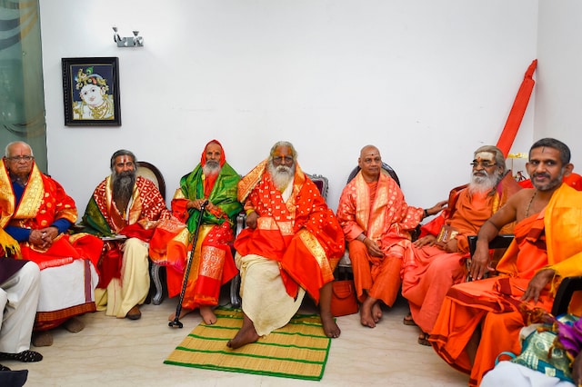 New Delhi: Members of the Sri Ram Janmabhoomi Teerth Kshetra, the trust setup to oversee construction of the Ram Temple at Ayodhya, during its first meeting at Greater Kailash - I in New Delhi, Wednesday, Feb. 19, 2020. Ram Janam Bhoomi Nyas chief Mahant Nritya Gopal Das (C) is also seen. (PTI Photo)