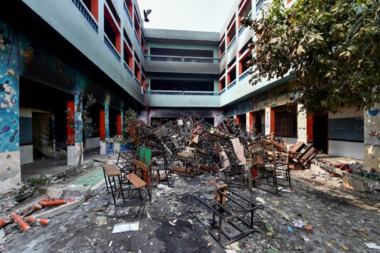 A vandalised private school in Shiv Vihar area of riot-affected northeast Delhi on Wednesday. (PTI)