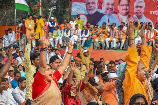 BJP supporters at a rally of Union Home Minster Amit Shah at Shaheed Minar Ground in Kolkata on Sunday. (PTI)