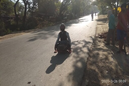 The disabled man travelled at least a 100km to reach his hometown in Jaunpur.
