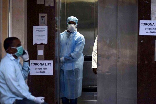 Medics outside an isolation ward of coronavirus at Gandhi Hospital in Hyderabad, Tuesday, March 3, 2020. (Image: PTI)