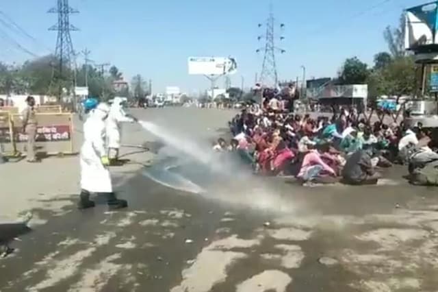 A video grab of migrants being sprayed with some chemicals in Bareilly. 