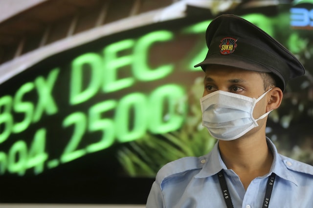 A security guard wearing a mask as a precaution against the new coronavirus stands at the Bombay Stock Exchange (BSE) building in Mumbai (AP Photo/Rafiq Maqbool). Representative image.
