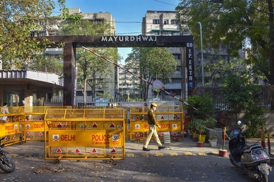 Police barricades  seen at the entrance of a society in East Delh. (PTI)