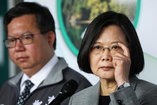 Taiwanese president Tsai Ing-Wen answers the media during a visit to a non woven filter fabric factory, where the fabric is used to make surgical face masks, in Taoyuan, Taiwan. (Reuters)
