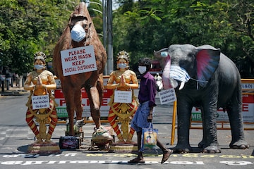A man walks past replicas of animals and traditional dancers installed at a road crossing to create awareness about wearing masks, in Chennai. (Reuters)