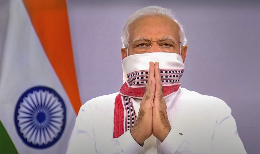 PM Modi Again Wears 'Gamcha' Mask for Video-Conference with Sarpanchs ...